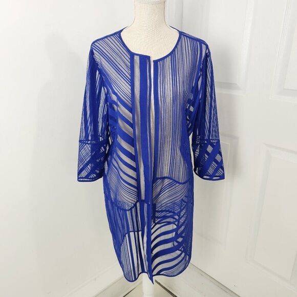 Chicos Travelers Jacket Womens 3P Petite Blue Striped Mesh Sheer Netted Cardigan - Picture 1 of 12